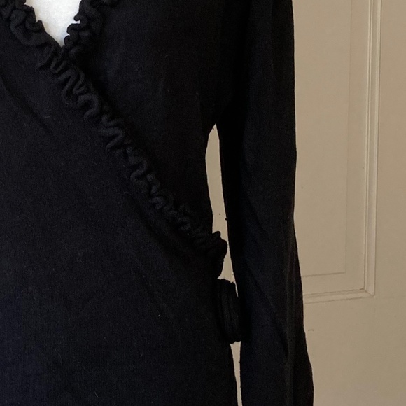 Silk Cashmere Ruffled V Neck with Flower Accent - Picture 2 of 9